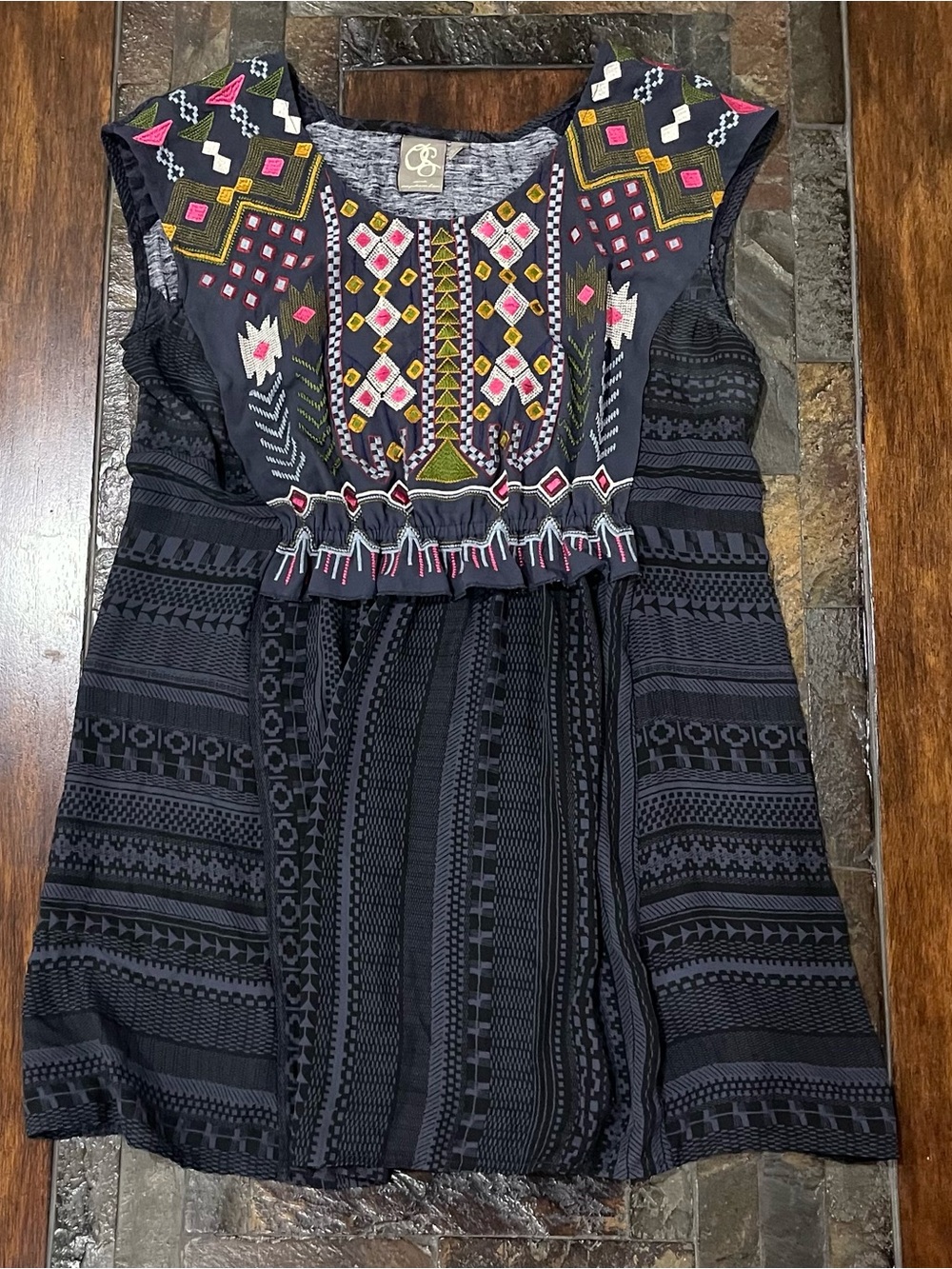 One September Barranco Anthropologie Tunic Embroidered Black Boho Dress